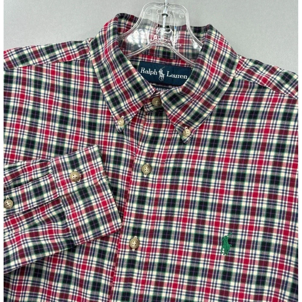 Ralph Lauren Shirt Mens Medium Red Green Plaid Button Down Tartan‎ Twill Vintage